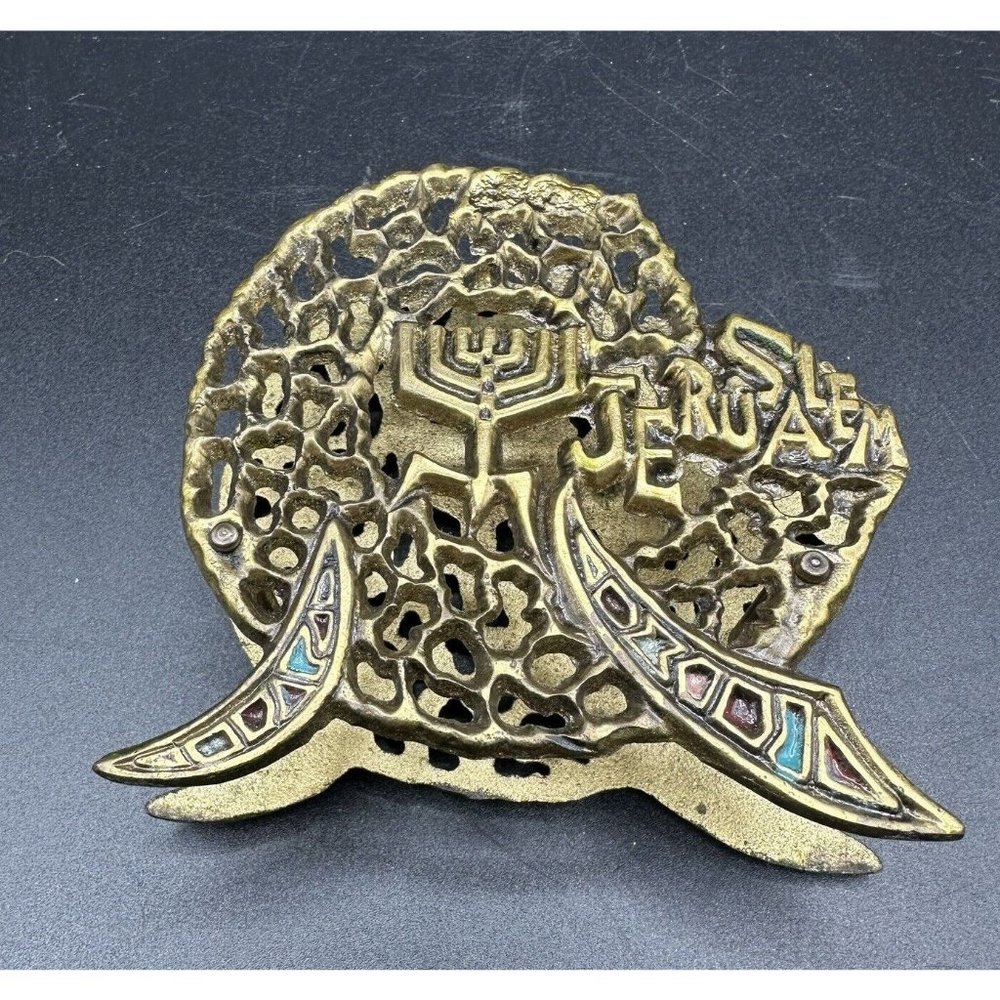 Brass w/Enamel Napkin Holder Letter Card Holder Jerusalem Vintage